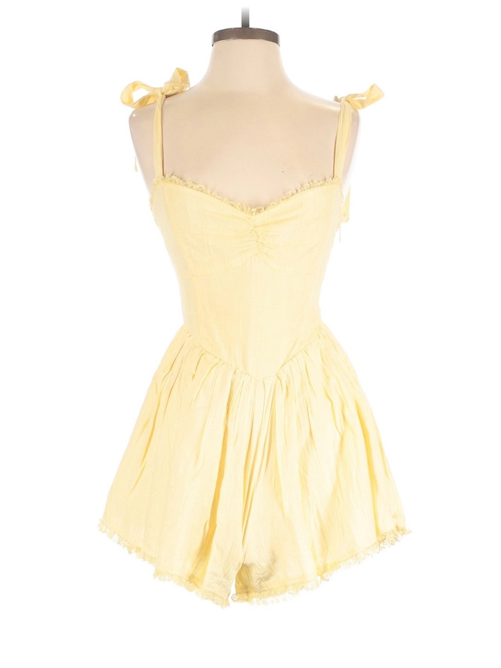 Show Me Your MuMu Pale Yellow Tie-Shoulder Romper with Ruching